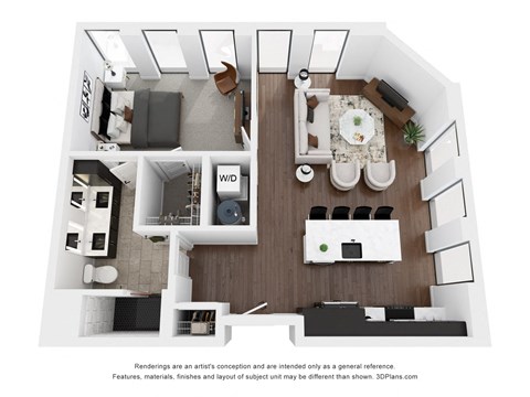 Floor plan for 1 bed, 1 bath, 865 sqft